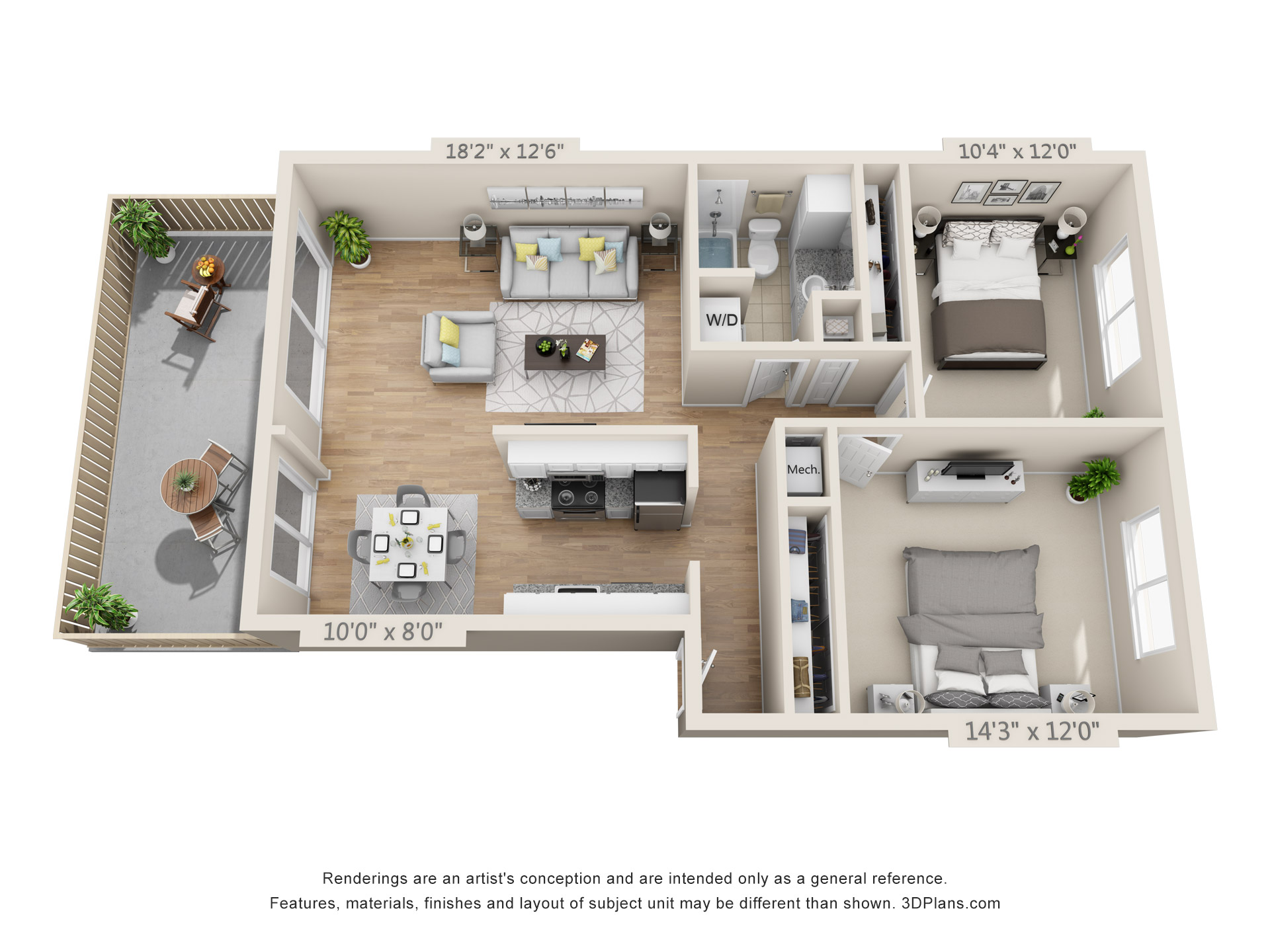 Floor plan for 2 beds, 1 bath, 930 sqft
